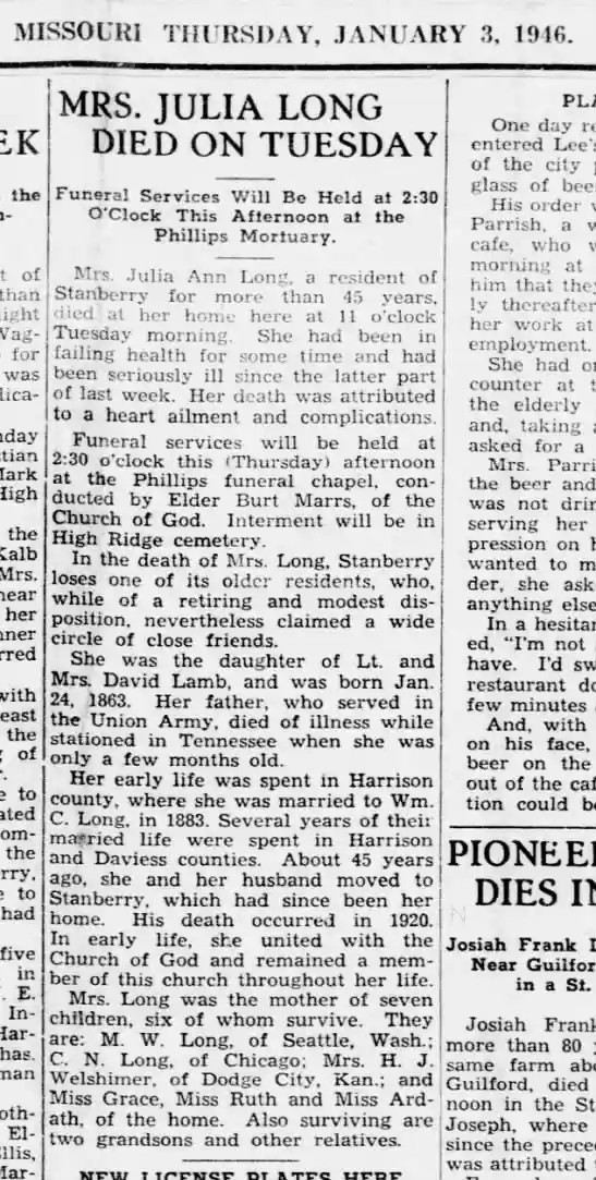 Julia Long Obit Stanberry Headlight